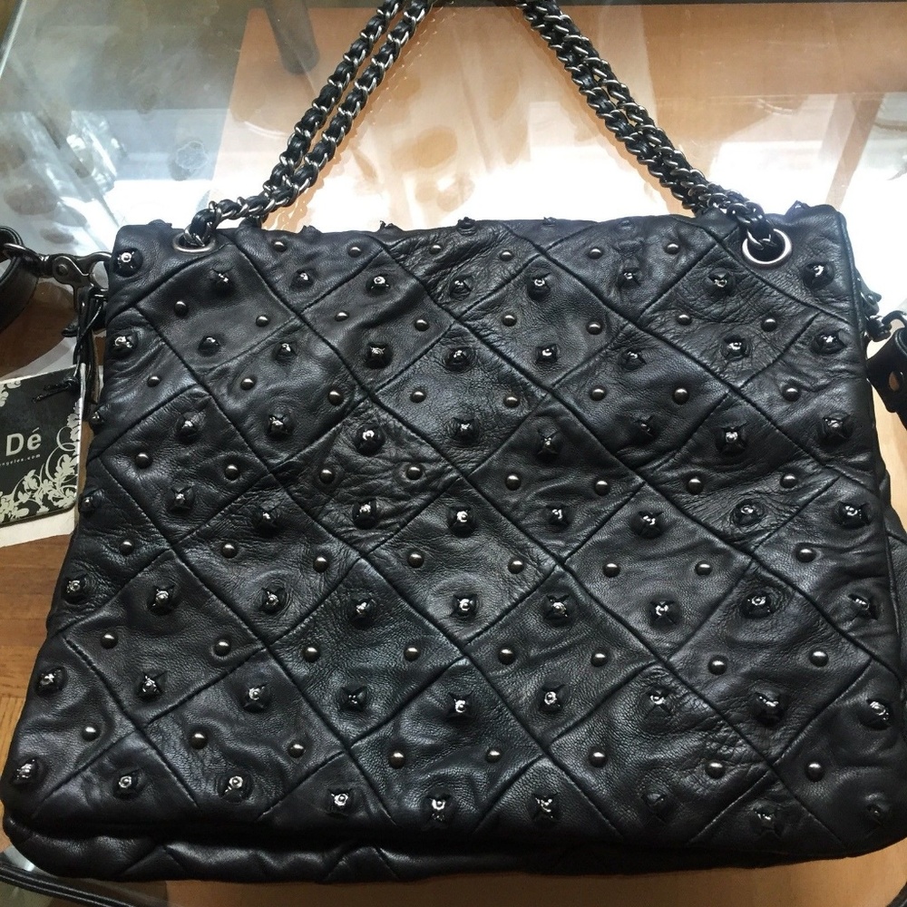 DeDe Black Studded Leather Hobo Flap Bag NEW